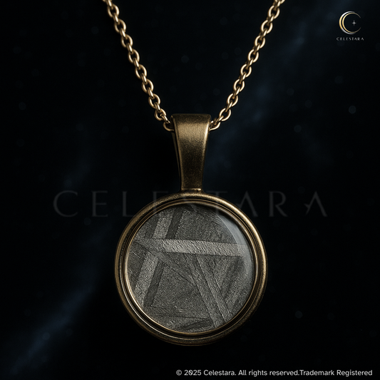 (sold out) Celestara Genuine Round Aletai Meteorite Pendant – Bronze Finish Bezel