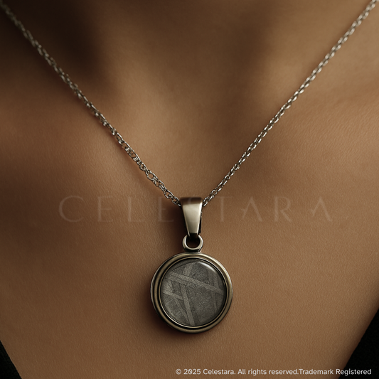 (only 4 available) Celestara Genuine Round Aletai Meteorite Pendant – Silver Finish Bezel