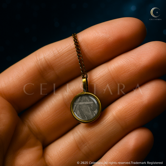 (sold out) Celestara Genuine Round Aletai Meteorite Pendant – Gold Finish Bezel