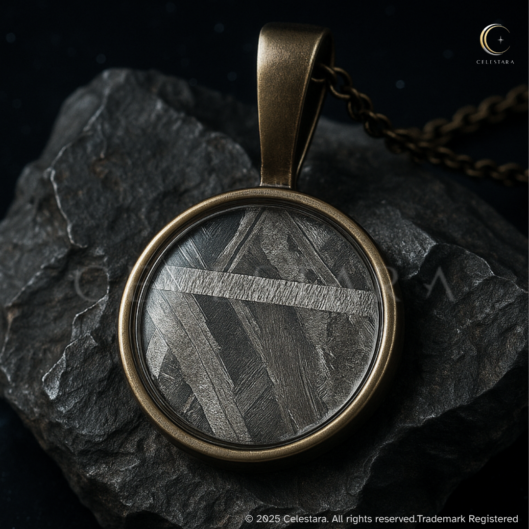 (sold out) Celestara Genuine Round Aletai Meteorite Pendant – Bronze Finish Bezel