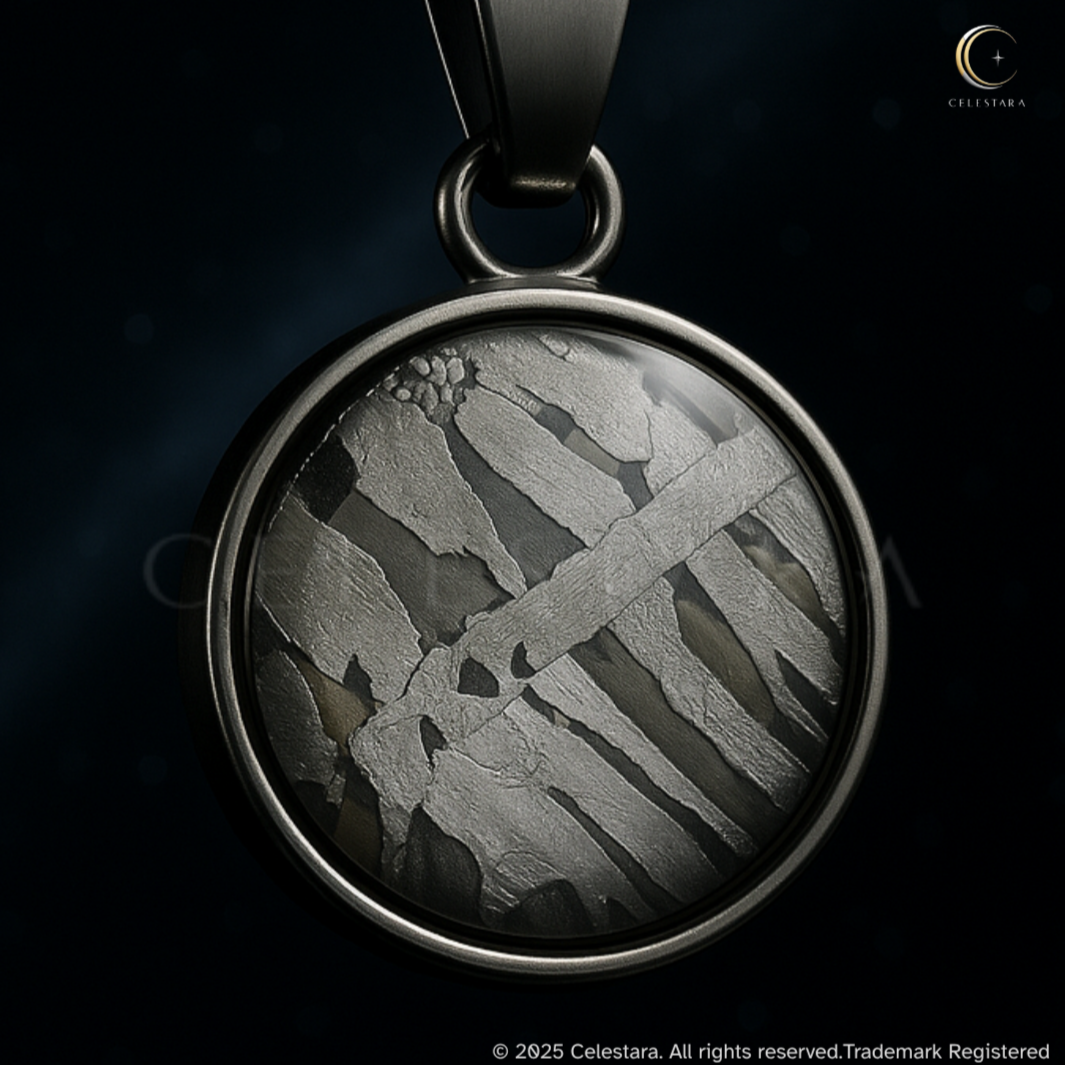 (only 4 available) Celestara Genuine Round Aletai Meteorite Pendant – Silver Finish Bezel