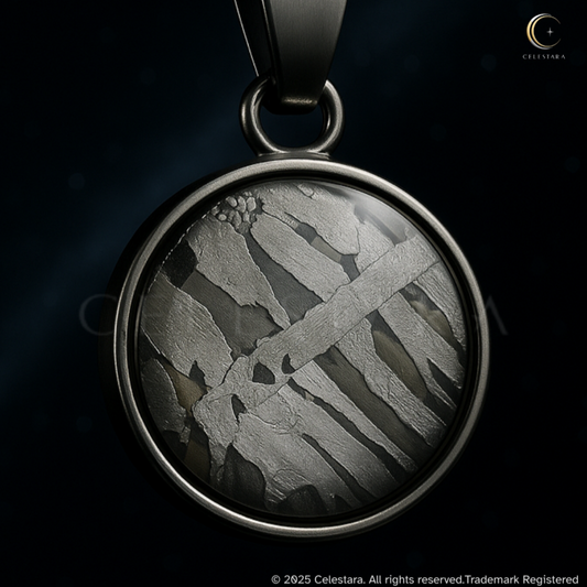 (only 4 available) Celestara Genuine Round Aletai Meteorite Pendant – Silver Finish Bezel