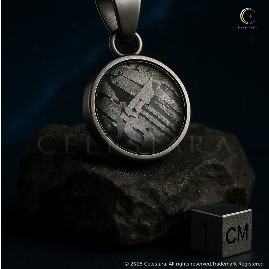 (only 4 available) Celestara Genuine Round Aletai Meteorite Pendant – Silver Finish Bezel